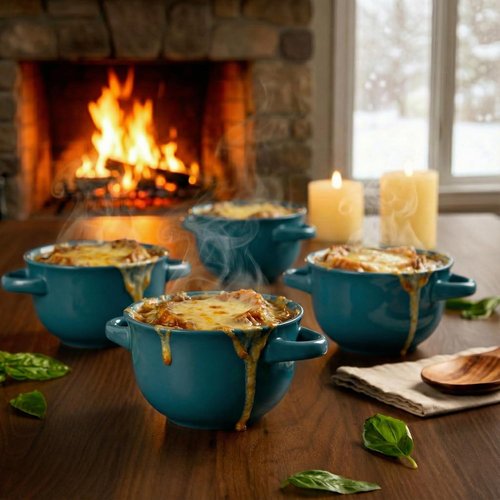 KooK French Onion Soup Bowls - Oven Safe Ceramic Crocks | Set of 4, 18 oz, Teal Color