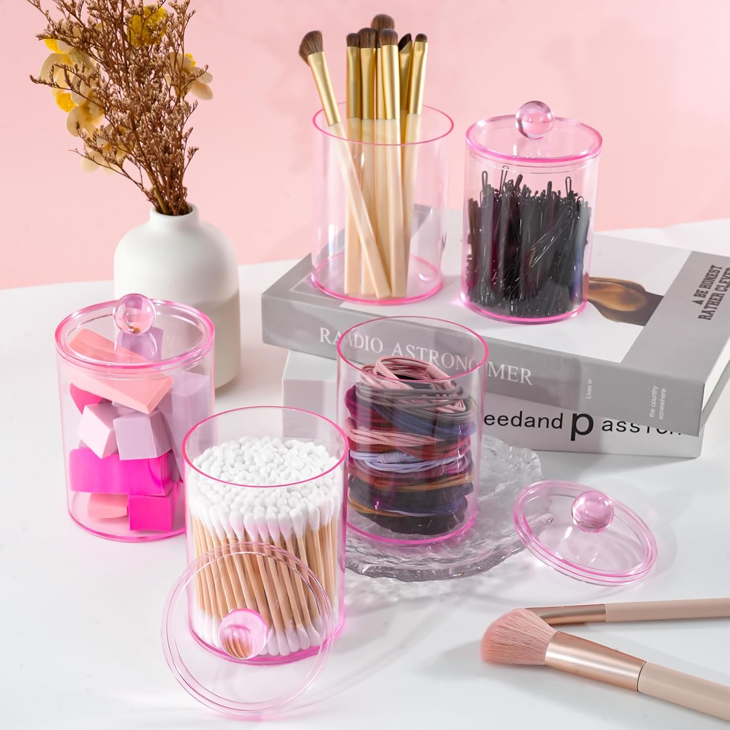 XIPENGKEJI Qtip Holder Set - 4 Pack Apothecary Jars with Lids for Cotton Swabs & Pads | 10oz-12oz Pink