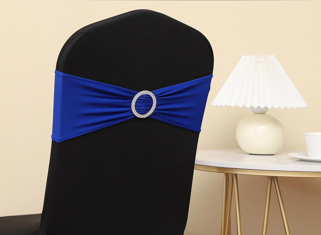 Spandex Royal Blue Chair Sashes - 100 Pack Wedding Chair Bands with Buckles for Events & Parties