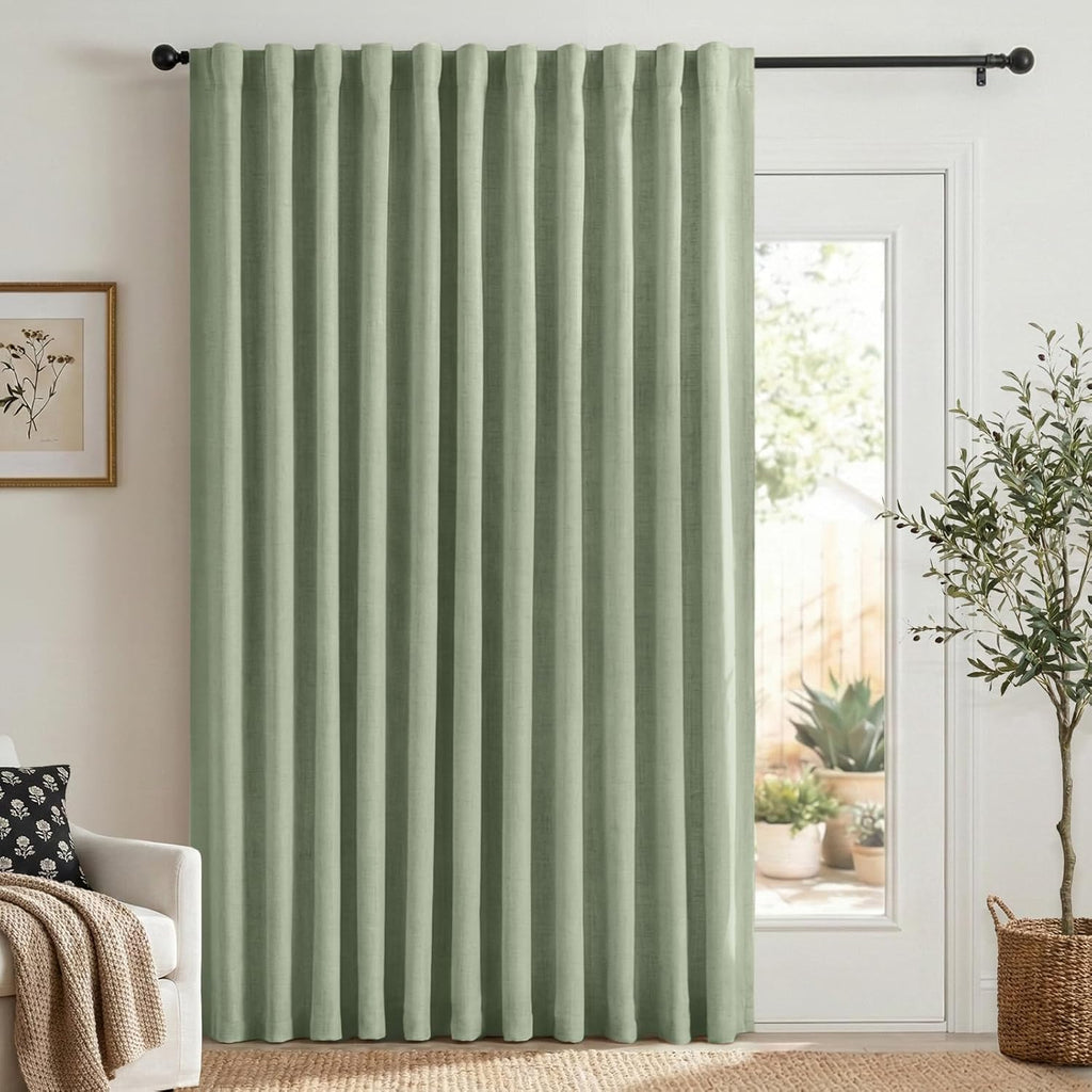Skiennix 100% Blackout Linen Curtains - Thermal Insulated Drapes for Bedroom | 96" Long, Sage Color