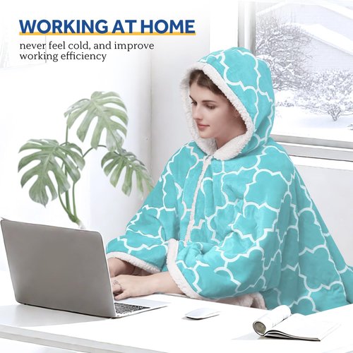 Sealy Wearable Heated Throw Blanket, Flannel & Sherpa Electric Throw Shawl Poncho with Hoodie & Pocket, 6 Heating Levels & 2-10 Hours Auto Shut Off, Machine Washable, 50x60 Inch, Light Blue