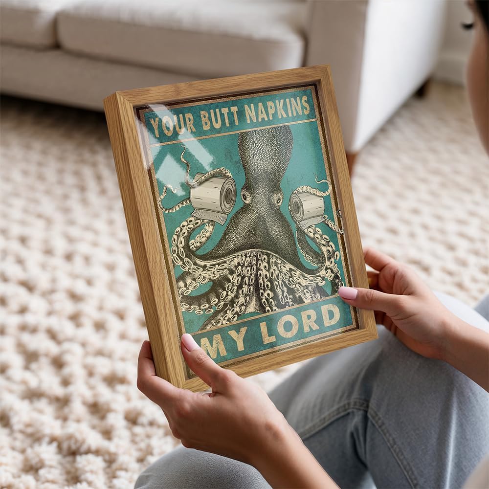 Octopus Nautical Bathroom Decor - Framed Funny Bath Picture | Beach-Themed Wall Art for Guest Bathrooms