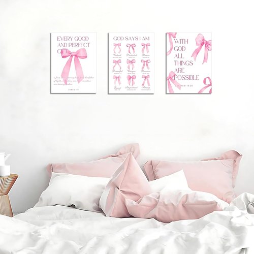 Coquette | Pink Bow Wall Art Decor - Inspirational Bible Verses Canvas Posters | 12x16 Inch Set of 3 for Teen Girls