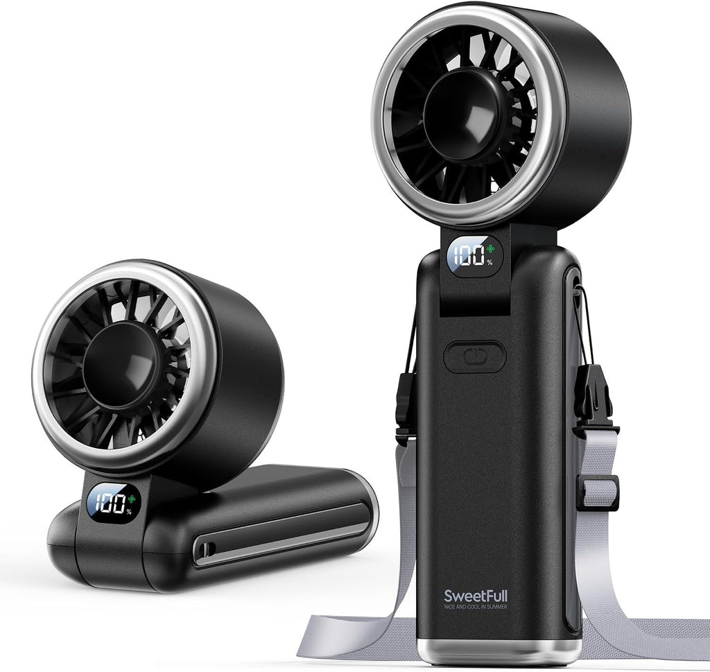 Sweetfull Portable Handheld Turbo Fan - Rechargeable 5000mAh, 180° Adjustable, 5 Speed, Quiet Personal Fan | Travel Essential (Black)