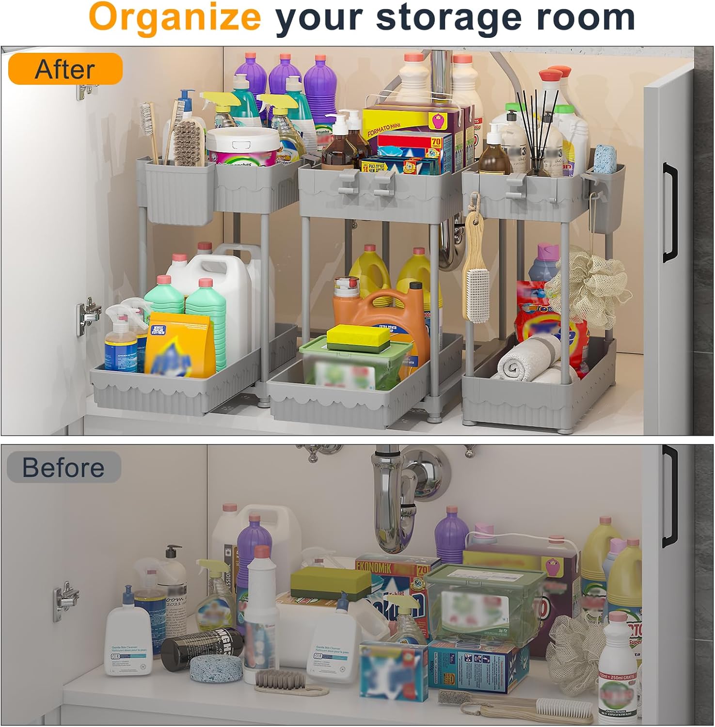 Sevenblue 3-Pack Under Sink Organizers - 2-Tier Kitchen & Bathroom Storage with Sliding Drawers | Gray, 14.8 Inch