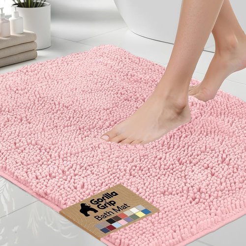Gorilla Grip Bath Rug Mat - Thick Soft Absorbent Chenille | Quick Dry Microfiber, 24x17 Light Pink