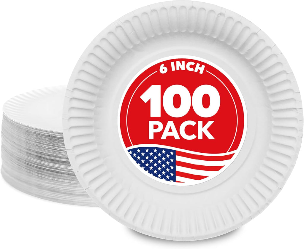 Stock Your Home 6-Inch Disposable Paper Plates - Uncoated White Dessert Plates, 100 Count