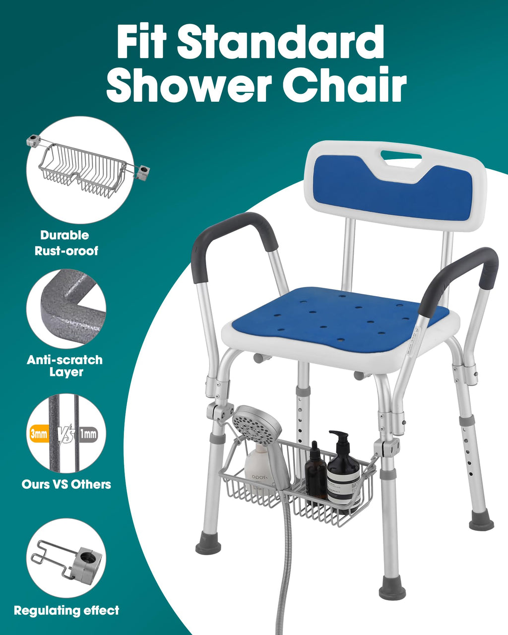 OrgCreator Rustproof Hanging Shower Caddy for Shower Chair, Stainless Steel Bathroom Basket for Bath Chair Bench,Showers Caddy Chair, Shampoo Bottle Holder for Elderly, Pregnant, Handicap, Patient