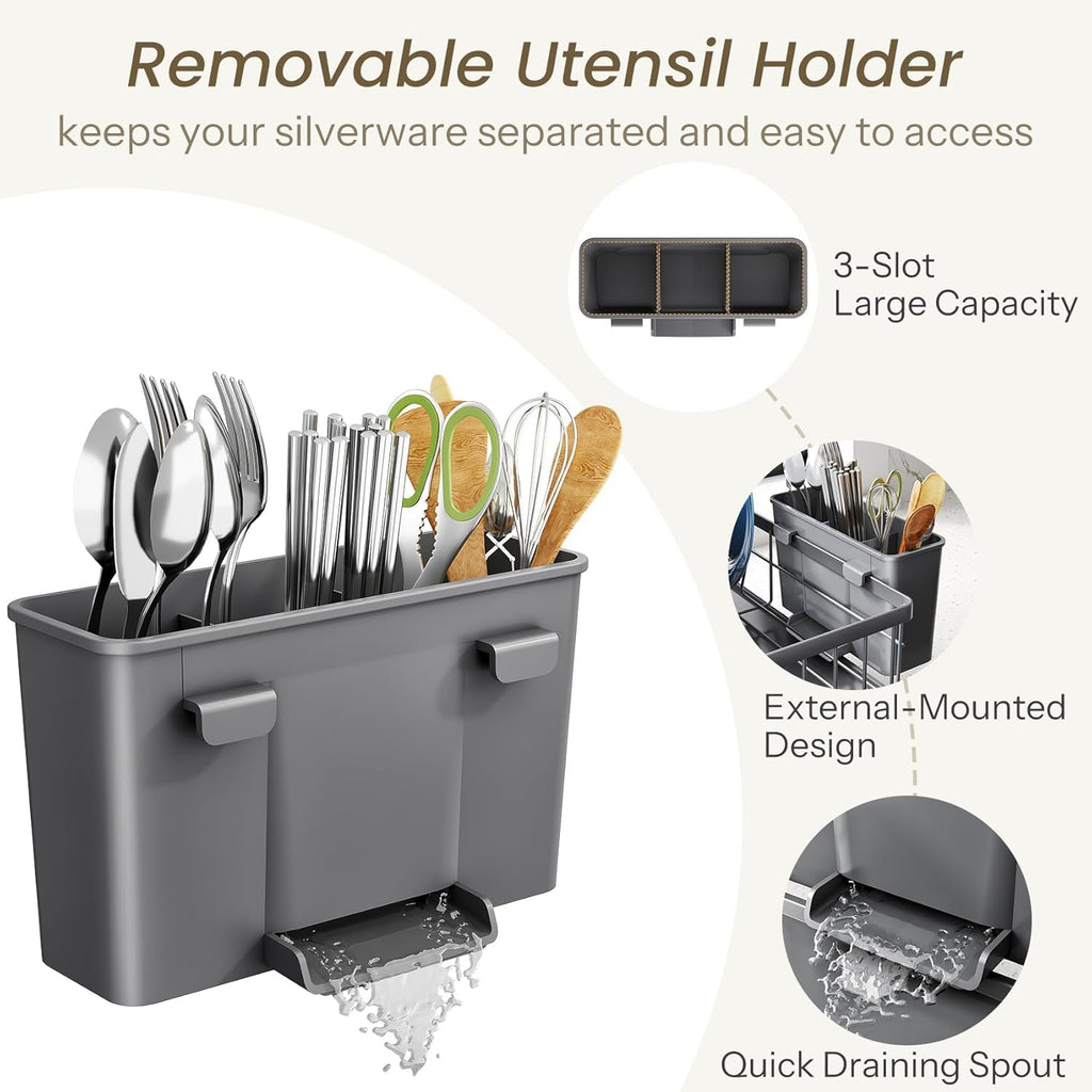 SNTD Dish Drying Rack - Stainless Steel Kitchen Counter Drainer with Utensil Holder | 11" W x 15" L (Grey)