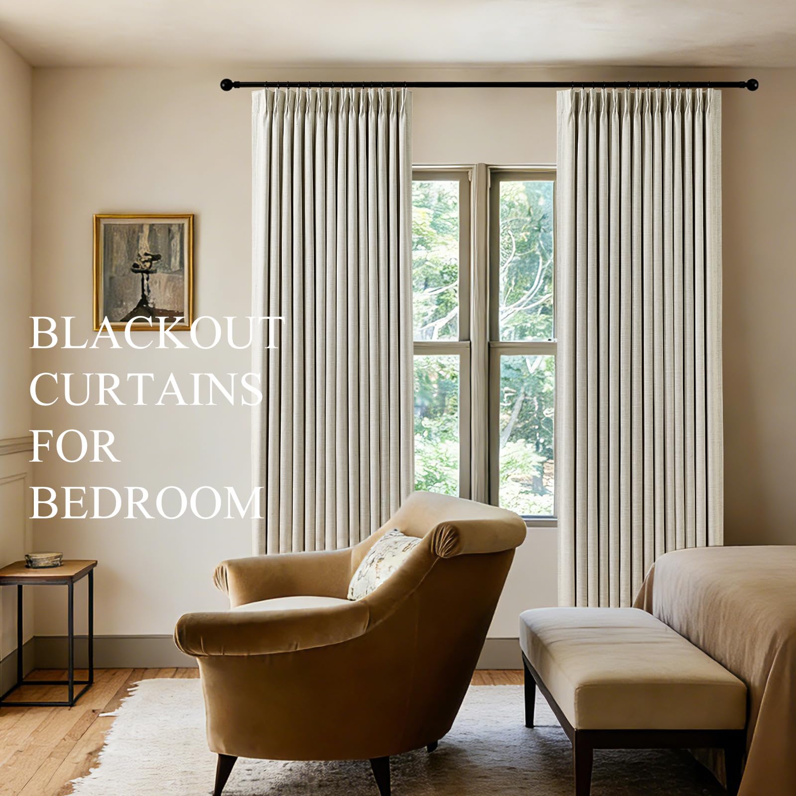 Pinch Pleated Curtains 100% Blackout Linen Curtains 95 Inches Long for Bedroom Living Room, Natural Memory Trained Thermal Insulated Room Darkening Window Pleat Drapes with Hooks, 2 Panels, 40"Wx95"L