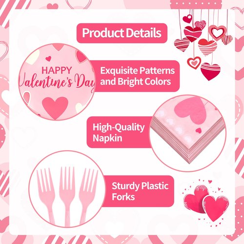 96 Pieces Valentine’s Day Tableware Set – Pink Heart Disposable Plates, Napkins, and Forks with “Love” and “Happy Valentine’s Day” Designs for Romantic Dinners, Weddings, and Parties – Serves 24