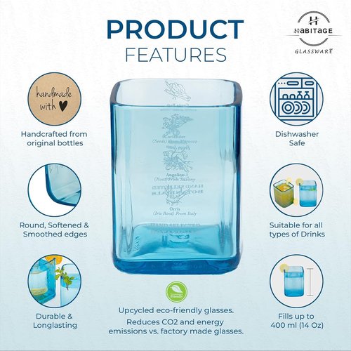Habitage Upcycled Bombay Sapphire Gin Glasses for Drinks - Set of 2 with Velvet Gift Box | Eco-friendly Glassware handcrafted from Gin bottles | Ideal for Gin, Whiskey, Juices, Smoothies, Cocktails