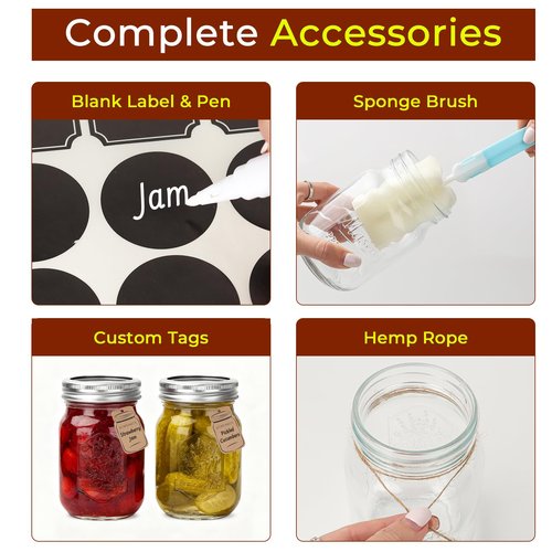 CycleMore 16oz Mason Jars, 15 Pack Embossed Glass Canning Jars with Lids and Bands, Overnight Oats Containers for Canning, Pickling, Food Storage, DIY Projects