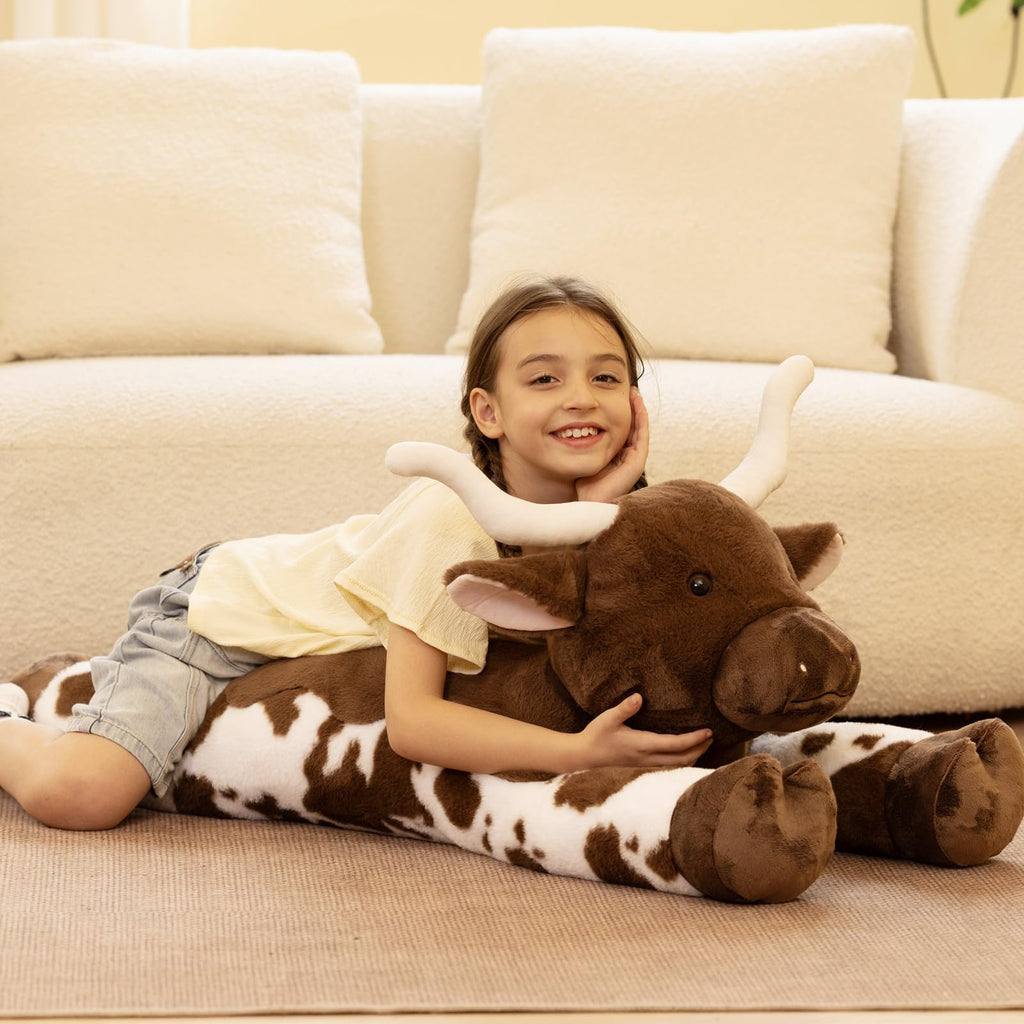 Tezituor 43.3 Giant Longhorn Cow Stuffed Animal, Hugging Fluffy Stuffed Cow Plush Body Pillow, Realistic Large Texas Longhorn Bull Farm Plush Toy for Boys Girls