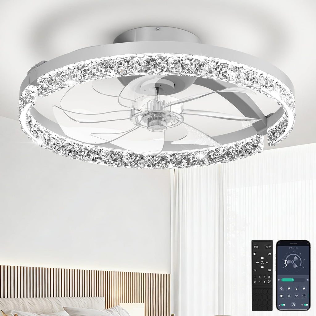 Aphyni Ceiling Fans with Lights and Remote Low Profile Flush Mount LED Ceiling Fan with Lights 3000K-6500K Dimmable Foldable Fandelier Light 6 Wind Speeds Night Light for Bedroom Living Room White