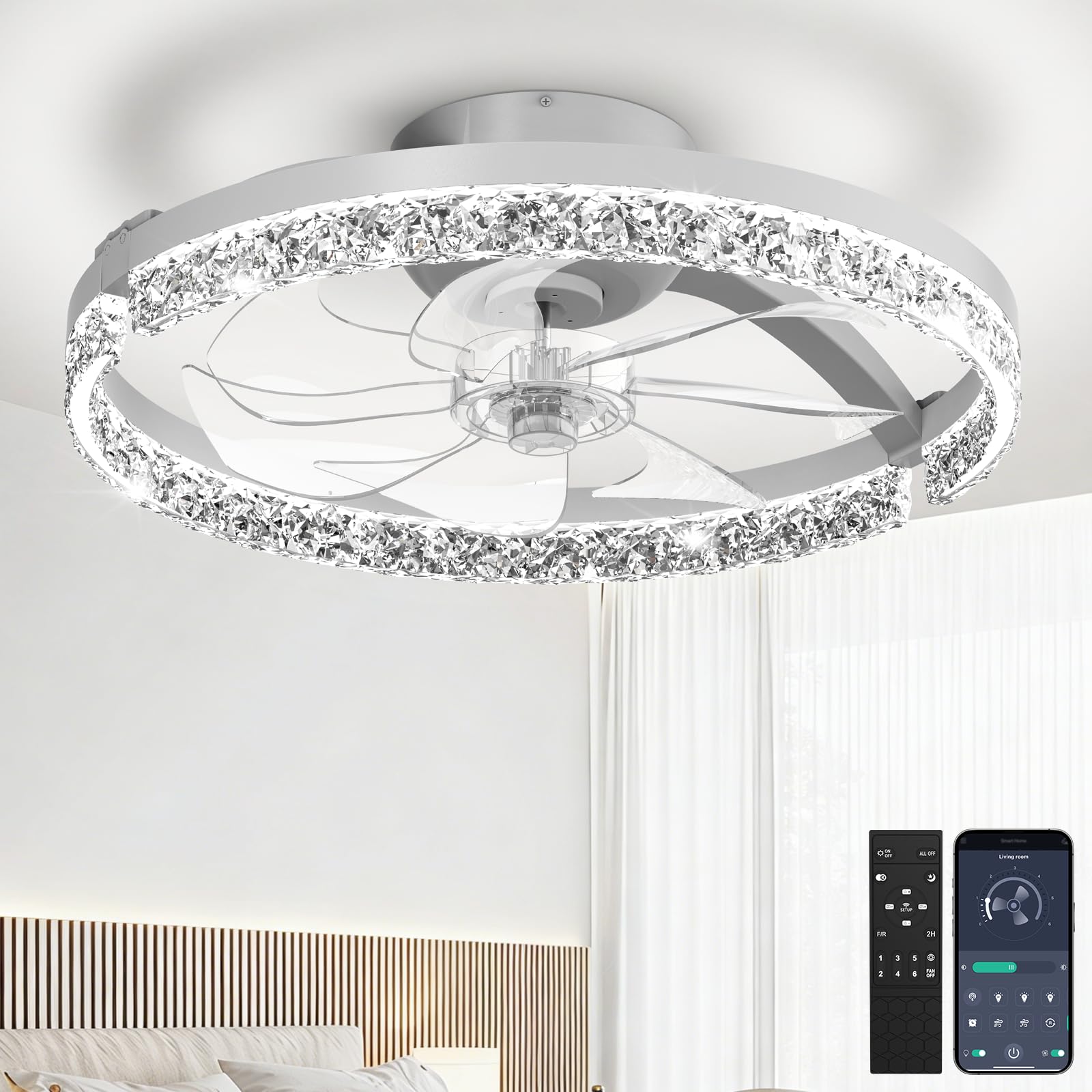 Aphyni Ceiling Fans with Lights and Remote Low Profile Flush Mount LED Ceiling Fan with Lights 3000K-6500K Dimmable Foldable Fandelier Light 6 Wind Speeds Night Light for Bedroom Living Room White