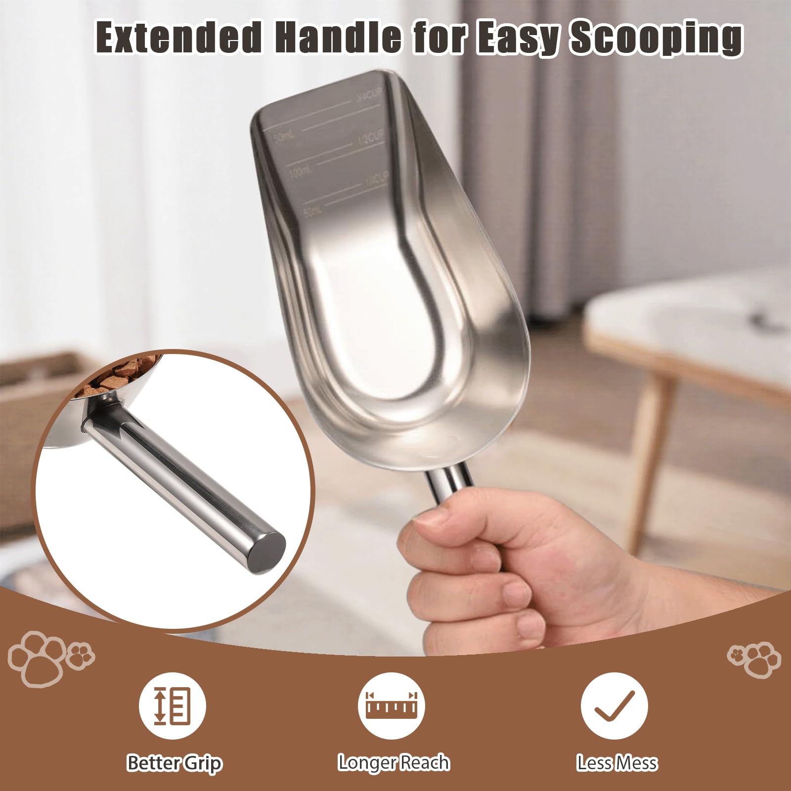 Mutclord Pet cat-dog food-scoop measuring cup - Food-grade 304 stainless steel material | 3/4 Cup capacity | Precision scale measurements
