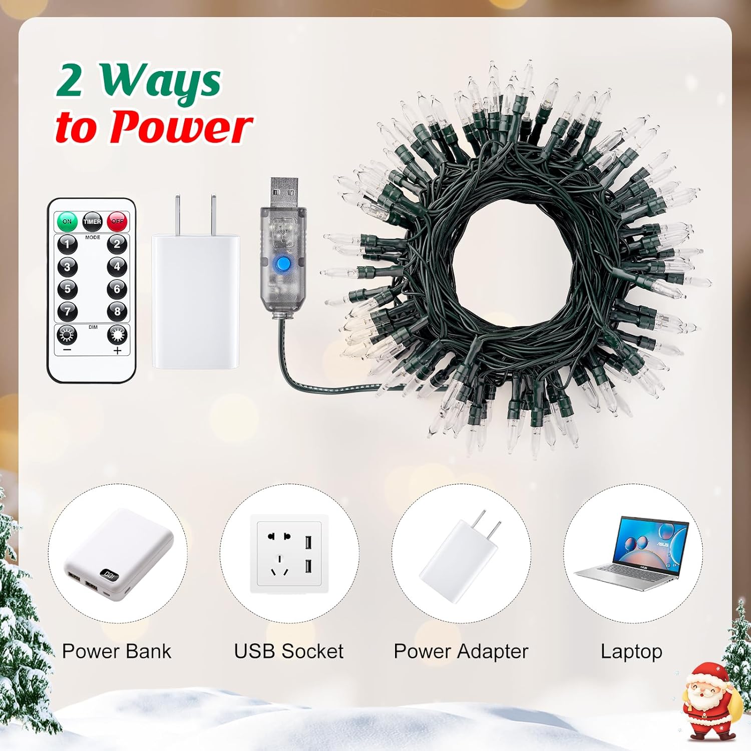 Minetom LED Christmas Lights - 39 FT 100 LED Warm White String Lights with Remote & USB Power