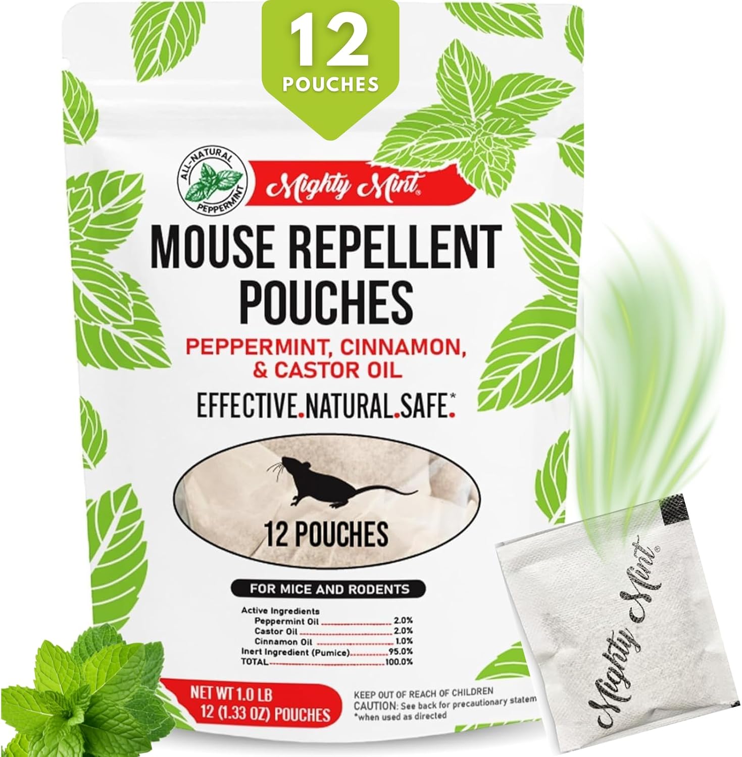 Mighty Mint Mouse Repellent Pouches - Natural Peppermint & Cinnamon Formula | Long-Lasting Rodent Deterrent - 12 Count