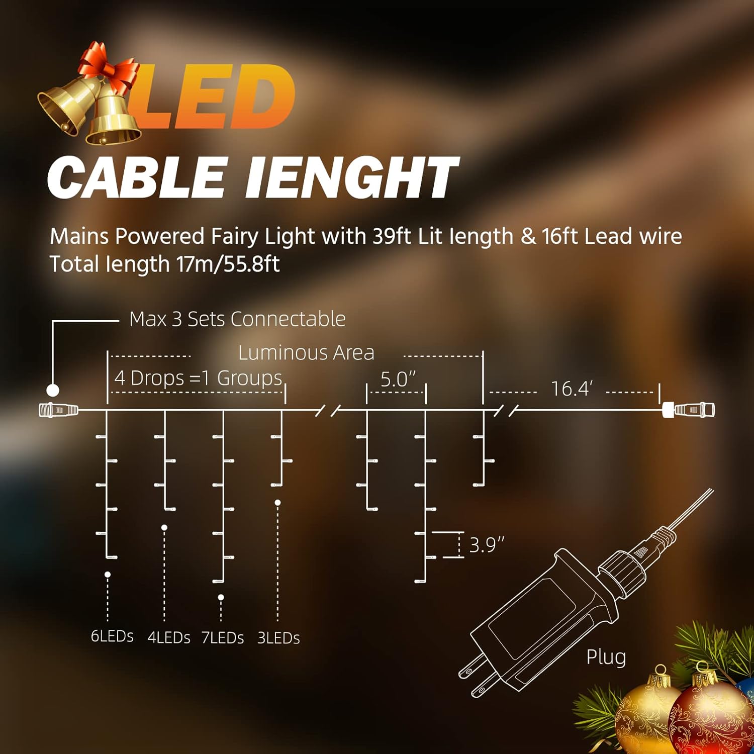 USOKYO Icicle String Lights - 480 LED 39FT Twinkle Fairy Lights with 8 Modes & Timer | Warm White