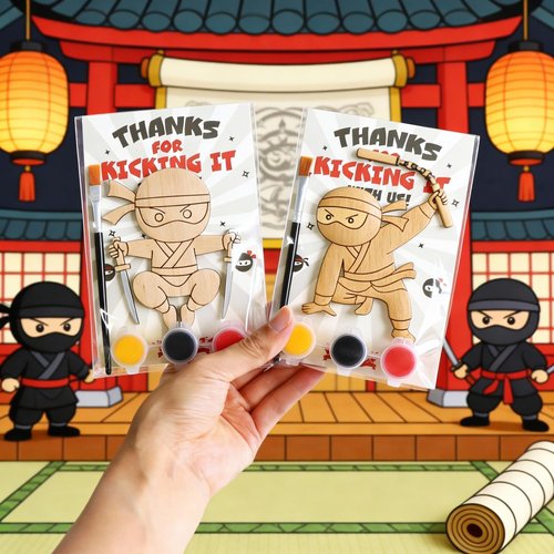 12 Pack Ninja Party Favors for Kids - Individually Wrapped Paint Your Own Wooden Magnet Craft Kits with Thank You Card, Stealthy Birthday Decorations for Boys & Girls