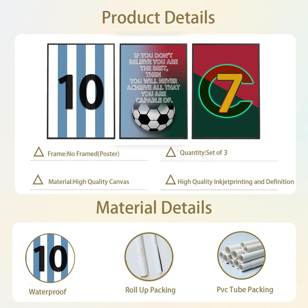 Pormipone Football Wall Art - 3 Pcs Soccer Canvas Posters for Boys' Room | 12x18 in Inspirational Decor