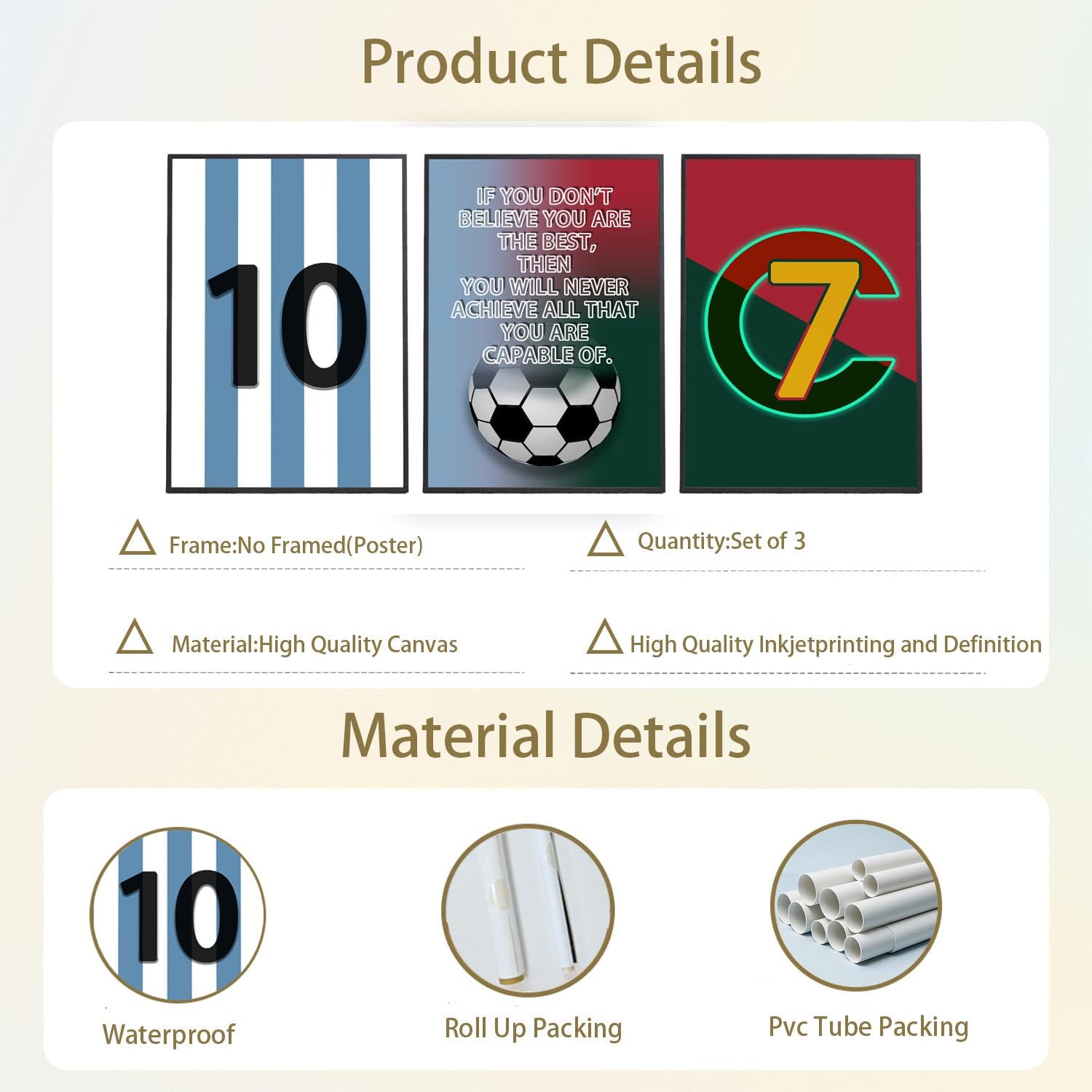 Pormipone Football Wall Art - 3 Pcs Soccer Canvas Posters for Boys' Room | 12x18 in Inspirational Decor