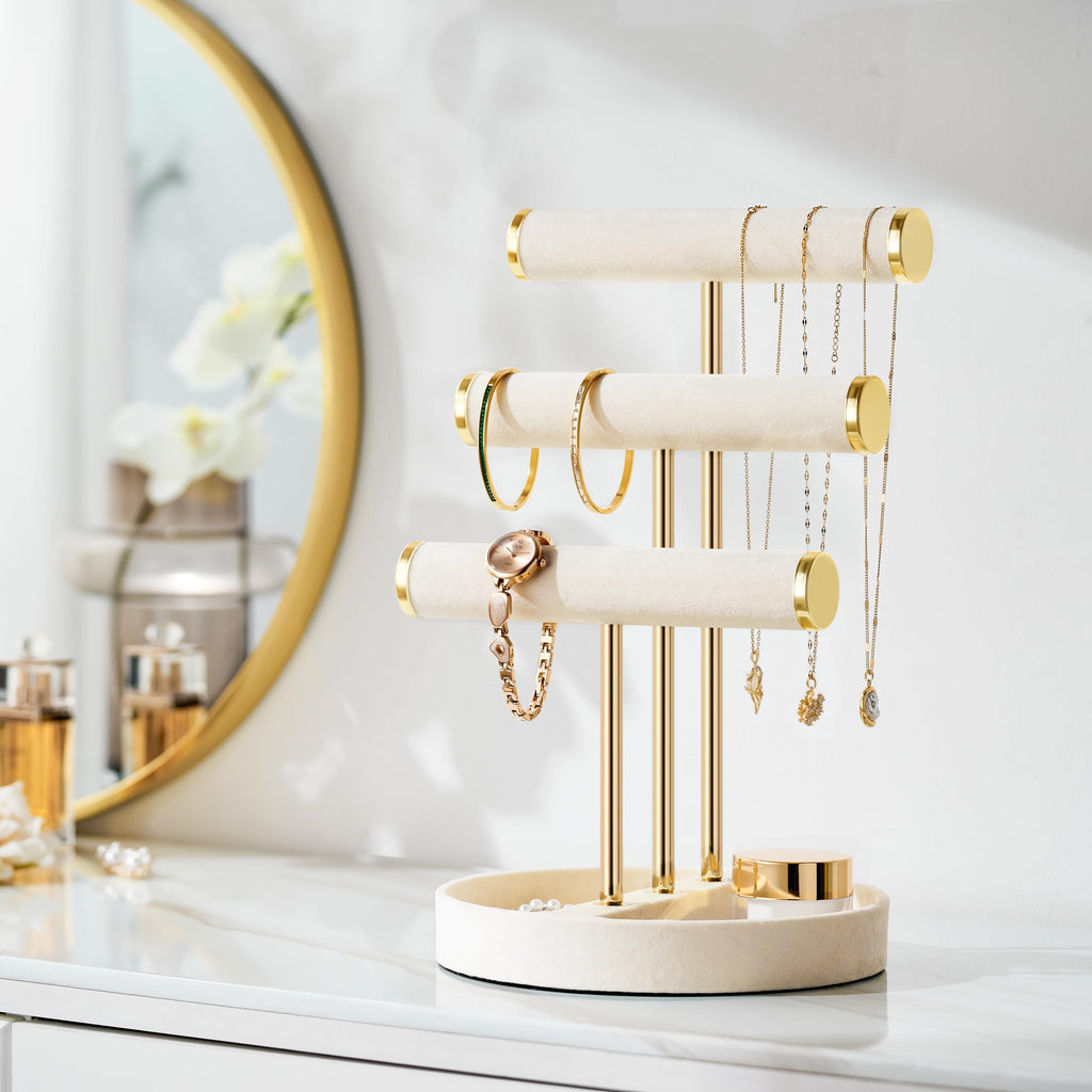 bussdis Bracelet Holder Jewelry Organizer Display - 3 Tier T Bar Velvet Stand, Beige Necklace Holder Organizer, Bracelet Holder, Earring Holder and Ring Display for Jewelry Organizers and Storage