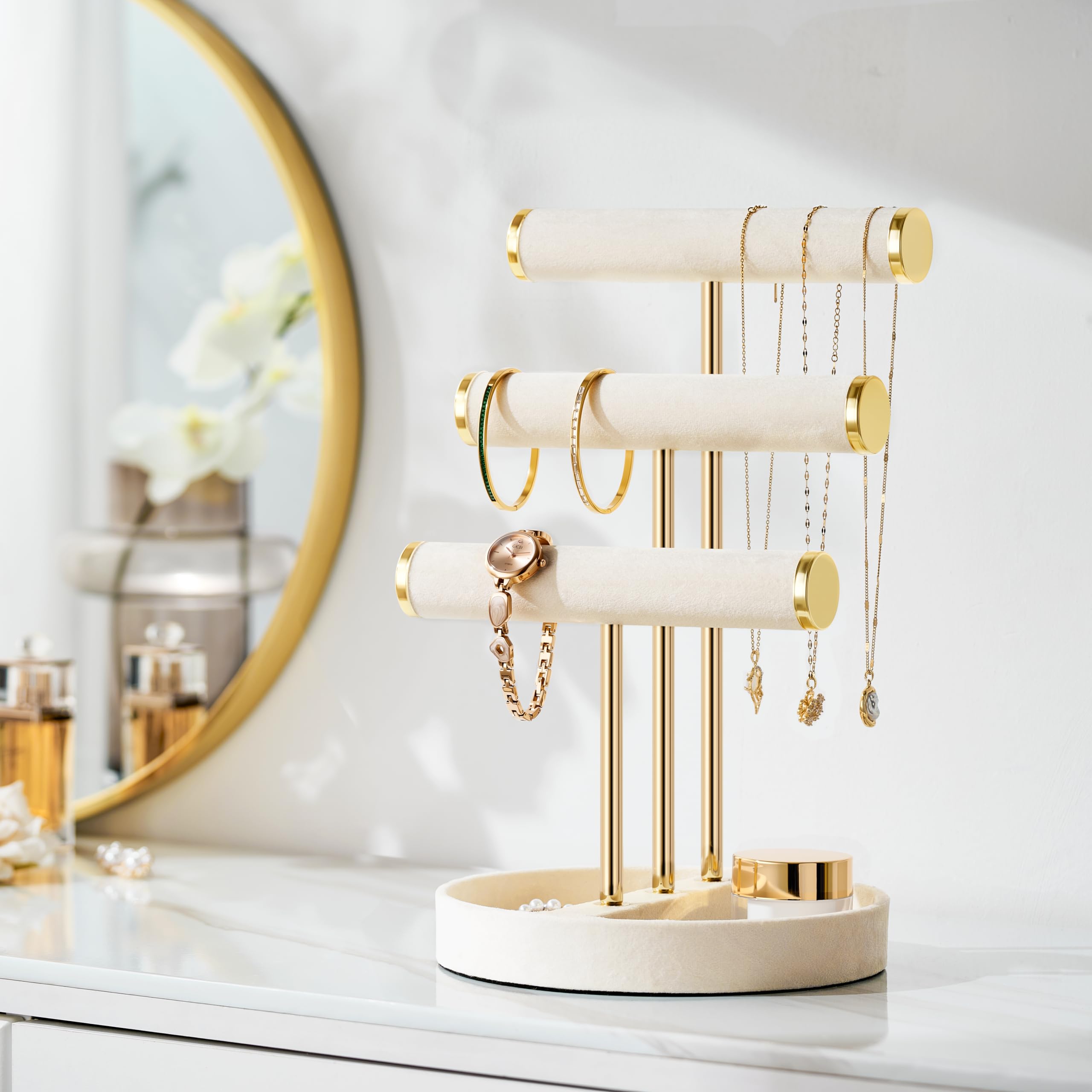 bussdis Bracelet Holder Jewelry Organizer Display - 3 Tier T Bar Velvet Stand, Beige Necklace Holder Organizer, Bracelet Holder, Earring Holder and Ring Display for Jewelry Organizers and Storage