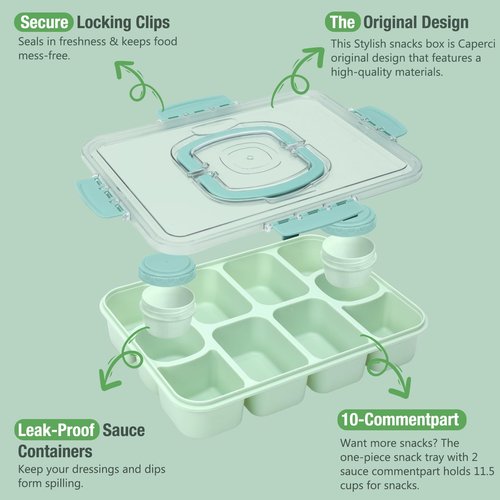 Caperci 2 Pack Snackle Box Container - Portable 10 Compartment Divided Snack Serving Tray with Lid & Handle, Built-in 4 Leak-Proof Sauce Containers, Dishwasher Safe, BPA-Free(Mint Green)