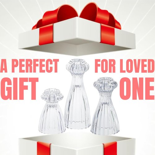 Lysenn Glass Candle Stick Holder Set of 3 - Elegant Taper Holders for Romantic Ambiance - Clear Decor