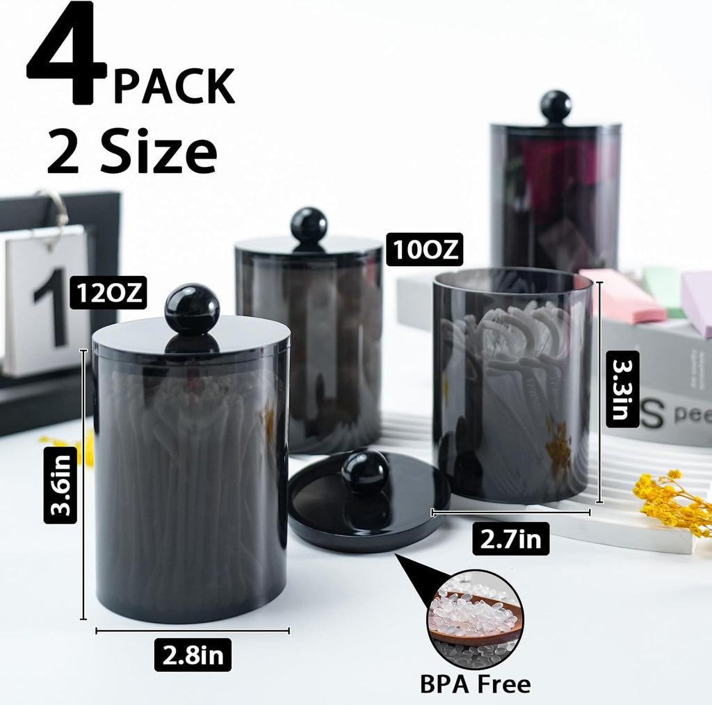 XIPENGKEJI Qtip Holder Set - 4 Pack Apothecary Jars with Lids for Bathroom Organization | 10oz-12oz Black