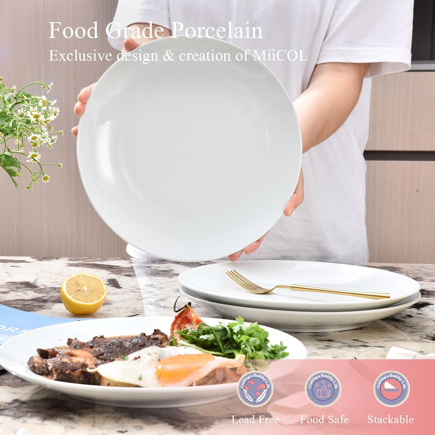 Miicol Ceramic Dinner Plates Set of 4 - Large 10.5-Inch White Porcelain Serving Dishes | Microwave & Dishwasher Safe