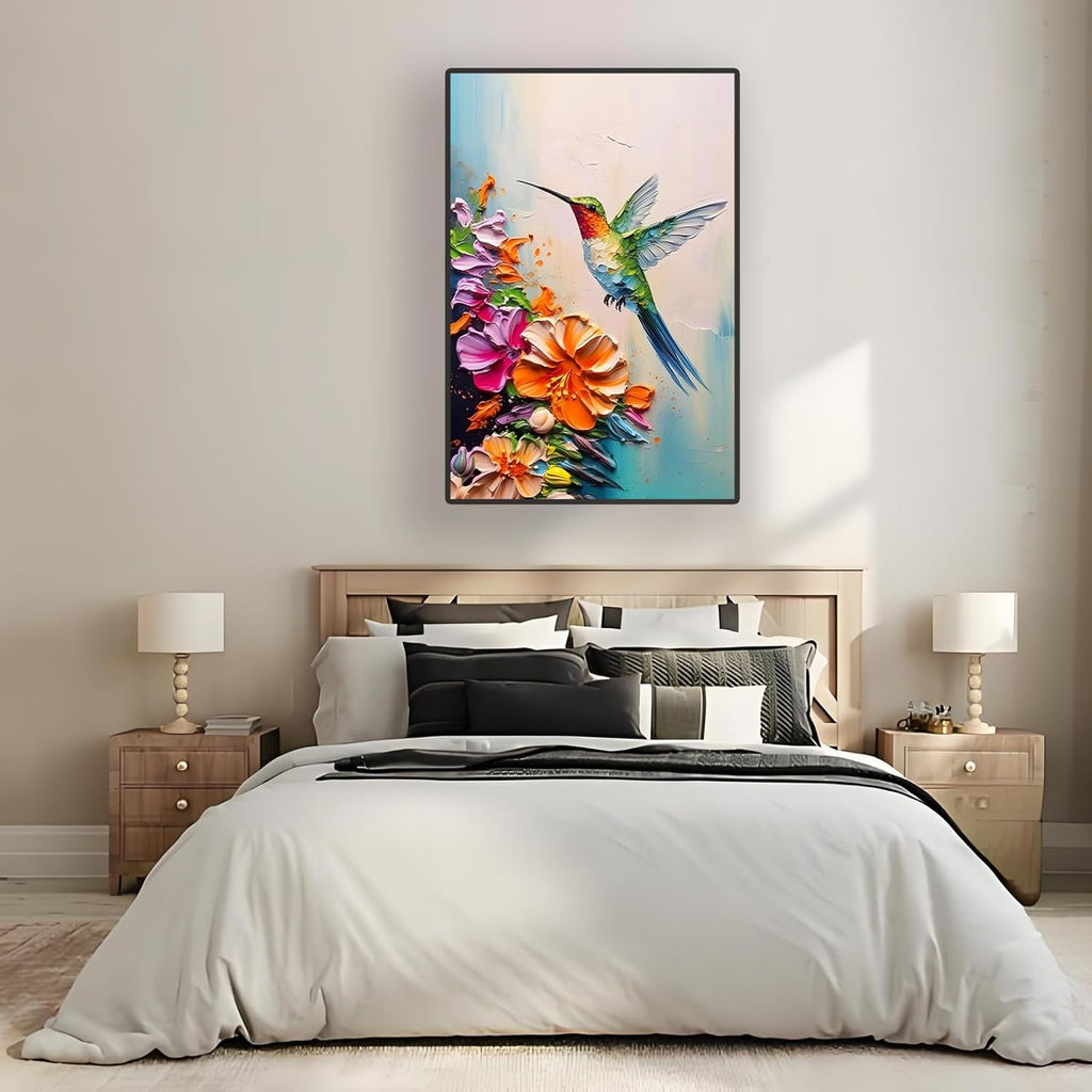 Skiennix Hummingbird Wall Art - Colorful 2D Canvas Print with Spring Flowers | 16x24 in Stretched Frame