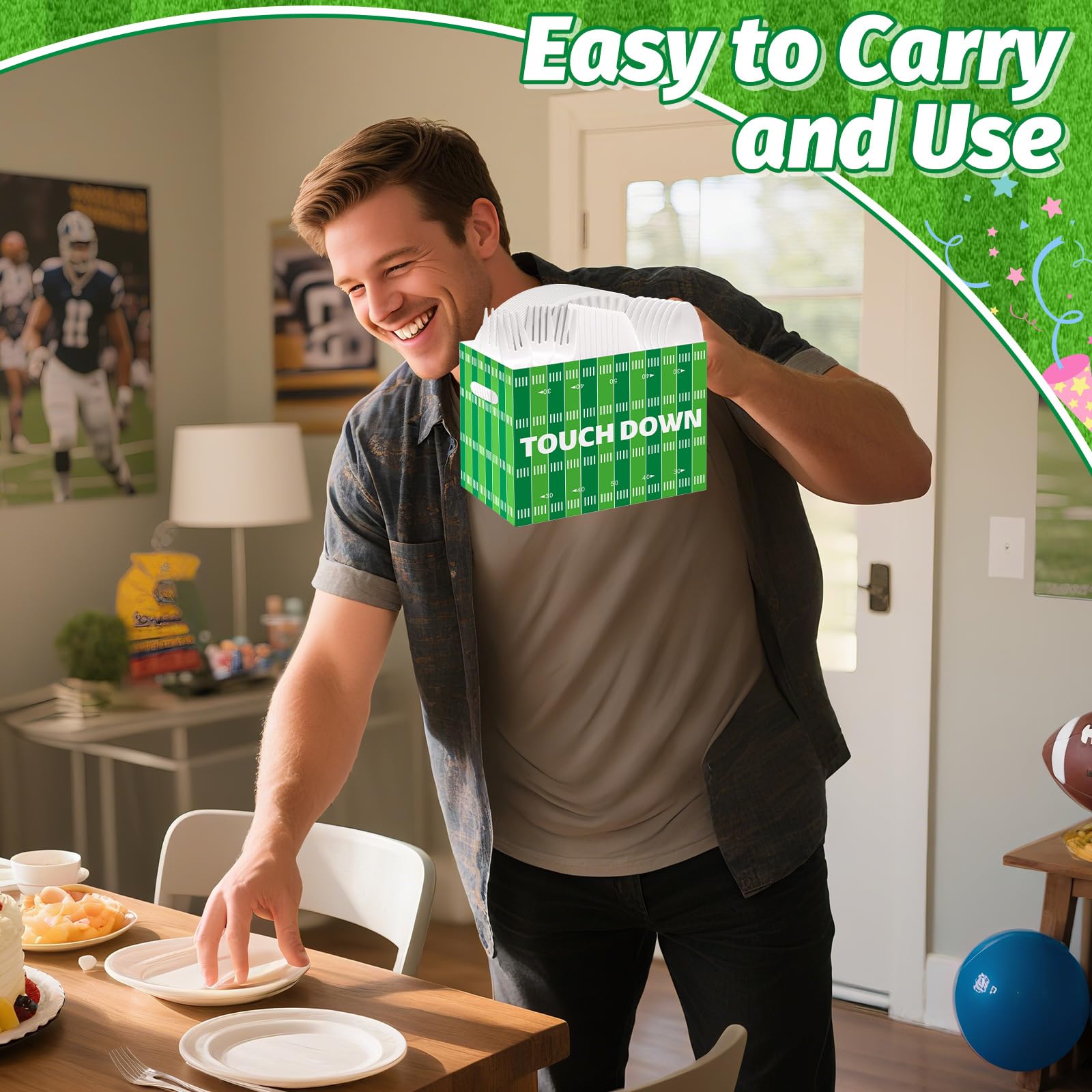 2PCS Football Utensil Holder Paper Utensil Caddy for Football Party Supplies Cutlery Holder with Handles Green Brown Party Favors Snack Box Disposable Cutlery Caddy for Sports Birthday Decorations