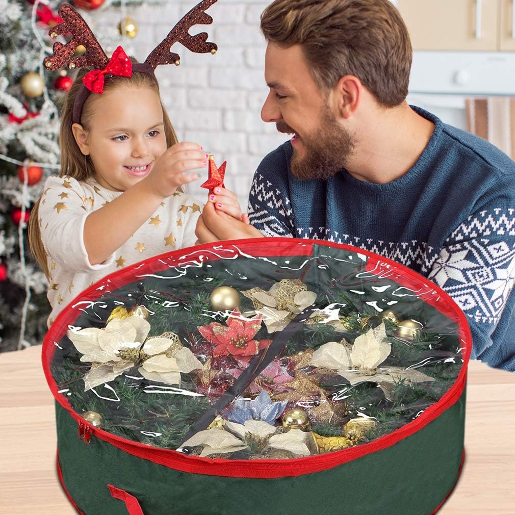 Primode Christmas Wreath Storage Bag 24" - Durable 600D Oxford Container with Clear Window for Easy Holiday Storage | Green