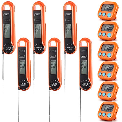 Kingdder 12 Pcs/ 6 Sets Meat Thermometer Digital with Magnetic Kitchen Timer Kit, Fast Instant Read & Waterproof & Foldable Food Thermometer & Kitchen Timer Bulk for Cooking, Grilling, Candy, BBQ