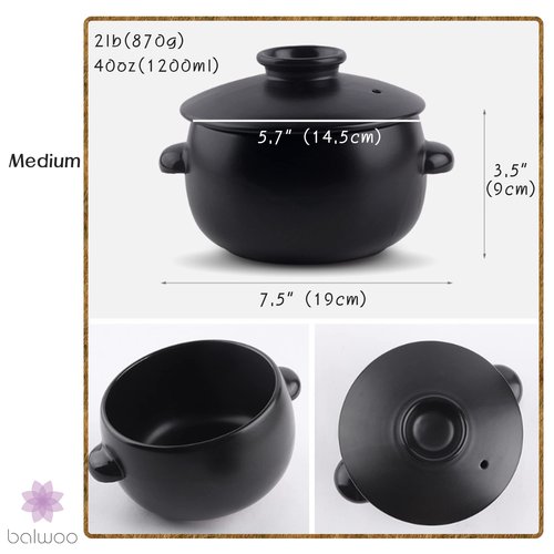 BALWOO Korean Earthenware Pot Ttukbaegi, Ceramic Clay Cooking Pot Petalite Casserole, Heat Resistant Ceramic Pot, Zero-Crack Stone Bowl Stockpot Soup Cookware (Medium)