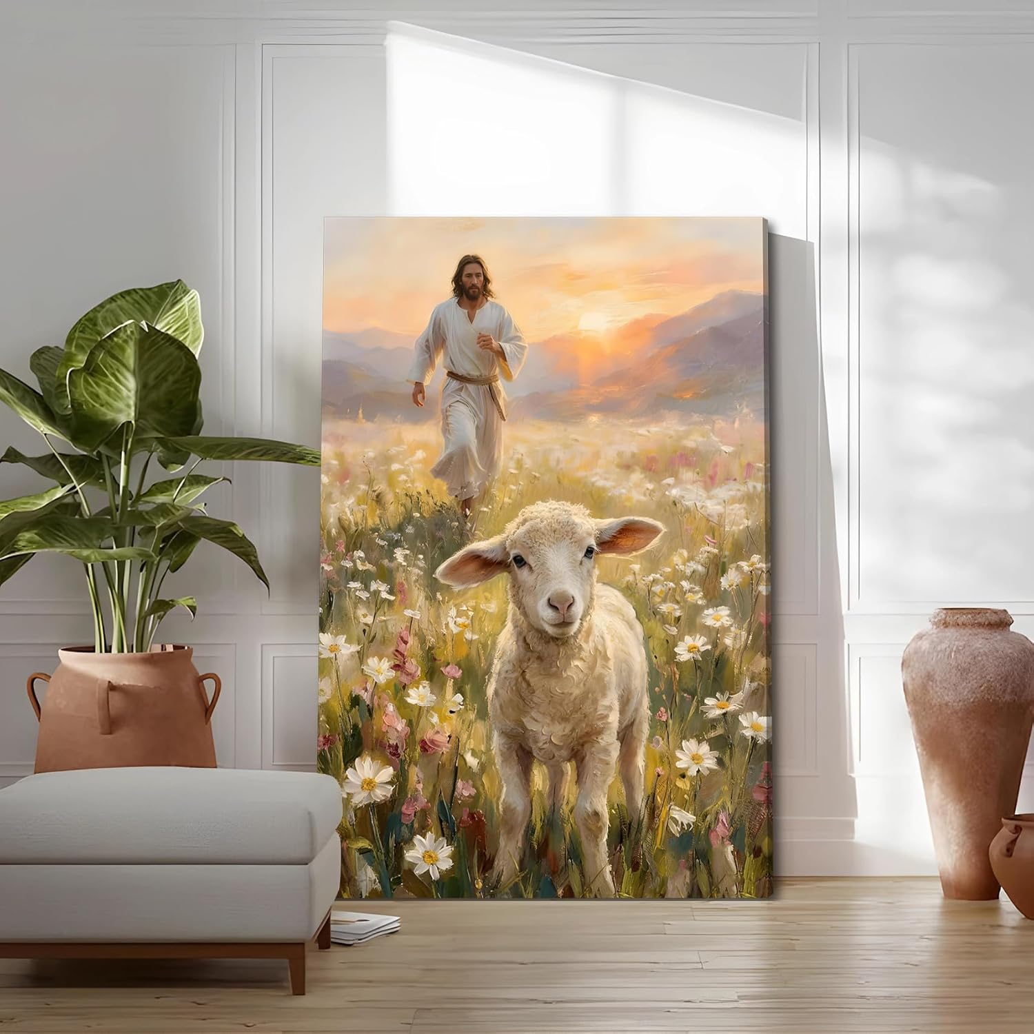SIXWOOD Canvas Wall Art - Good Shepherd Jesus with Lost Sheep | Framed 12x16 in Christian Decor