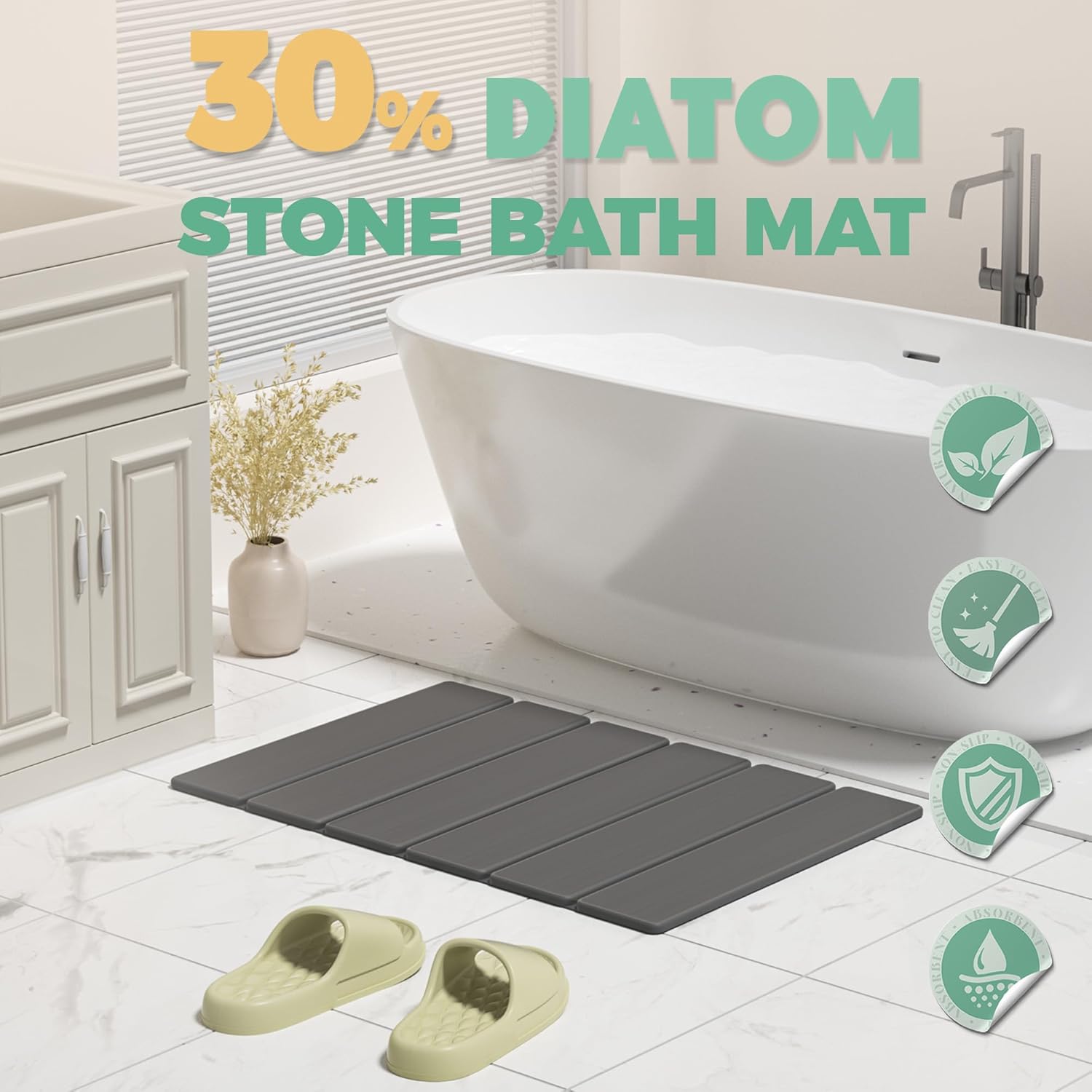 SYIPO Stone Bath Mat - Non-Slip Diatomite Bath Mat, Super Absorbent & Quick Drying | 23.6 x 15.3”, Dark Gray