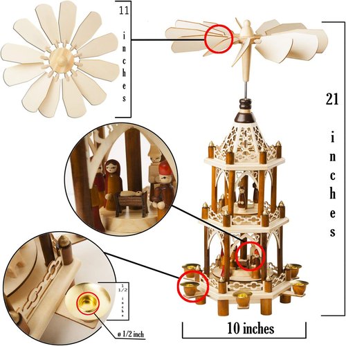 German Christmas Decoration Pyramid - 21-Inch Wooden Nativity Scene - 3-Tier Carousel with 6 Candle Holders