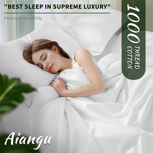 AiAngu 100% Egyptian Cotton Sheet Set 4 Piece, Luxury 1000 Thread Count Queen Sheets, Breathable & Cooling Sheets, 16" Deep Pocket, Machine Washable, Hotel Style Home Bedding(King,White)