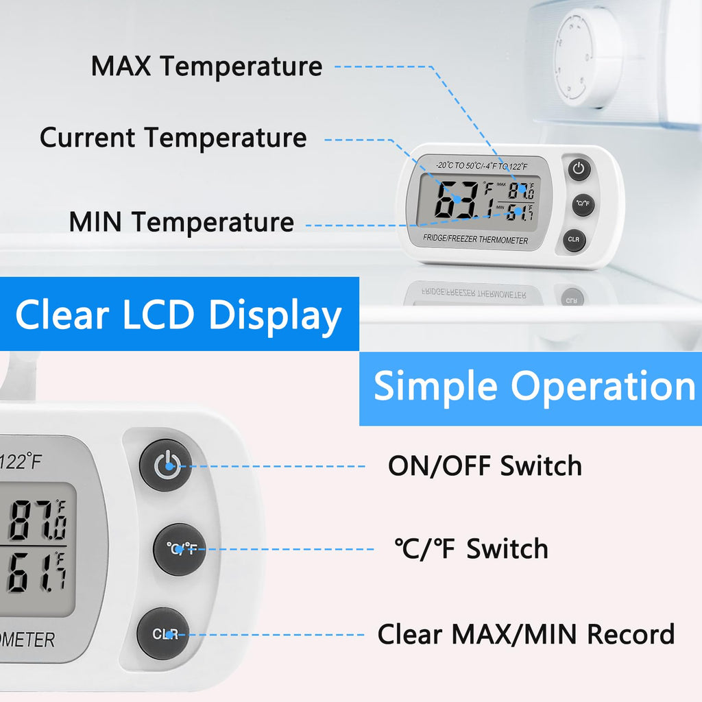 Lasubst Digital Refrigerator Thermometer 2 Pack for Fridge Freezer Cooler Waterproof, White