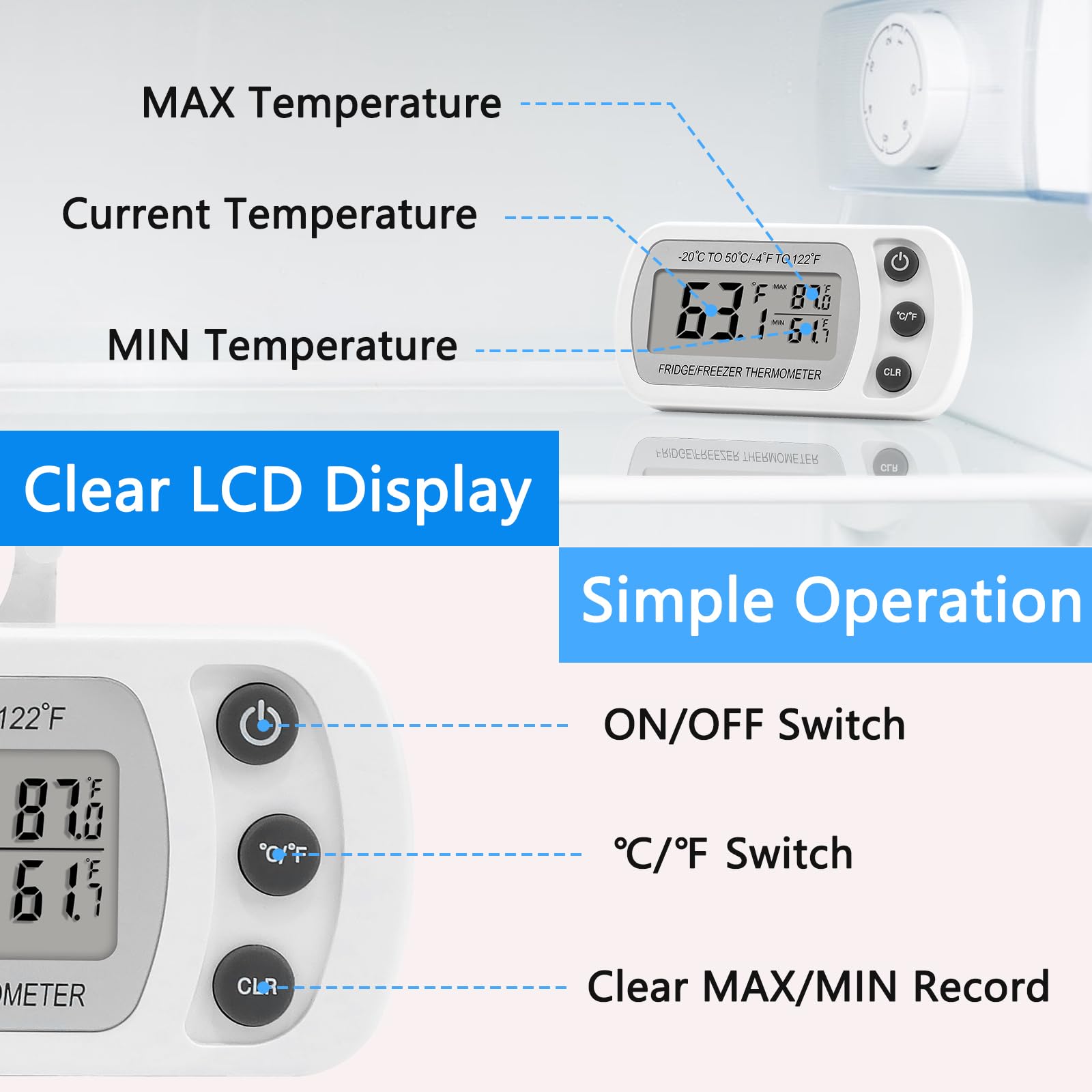Lasubst Digital Refrigerator Thermometer 2 Pack for Fridge Freezer Cooler Waterproof, White