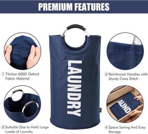 DOKEHOM X-Large Collapsible Laundry Basket Bag - 125L Capacity, Dark Blue Fabric, 7 Colors Available