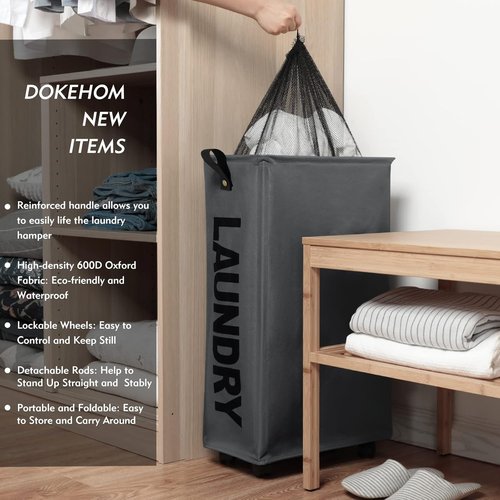 DOKEHOM Slim Laundry Basket - 27.5-Inch Rolling Hamper with Removable Wash Bag | Grey Foldable Storage Solution
