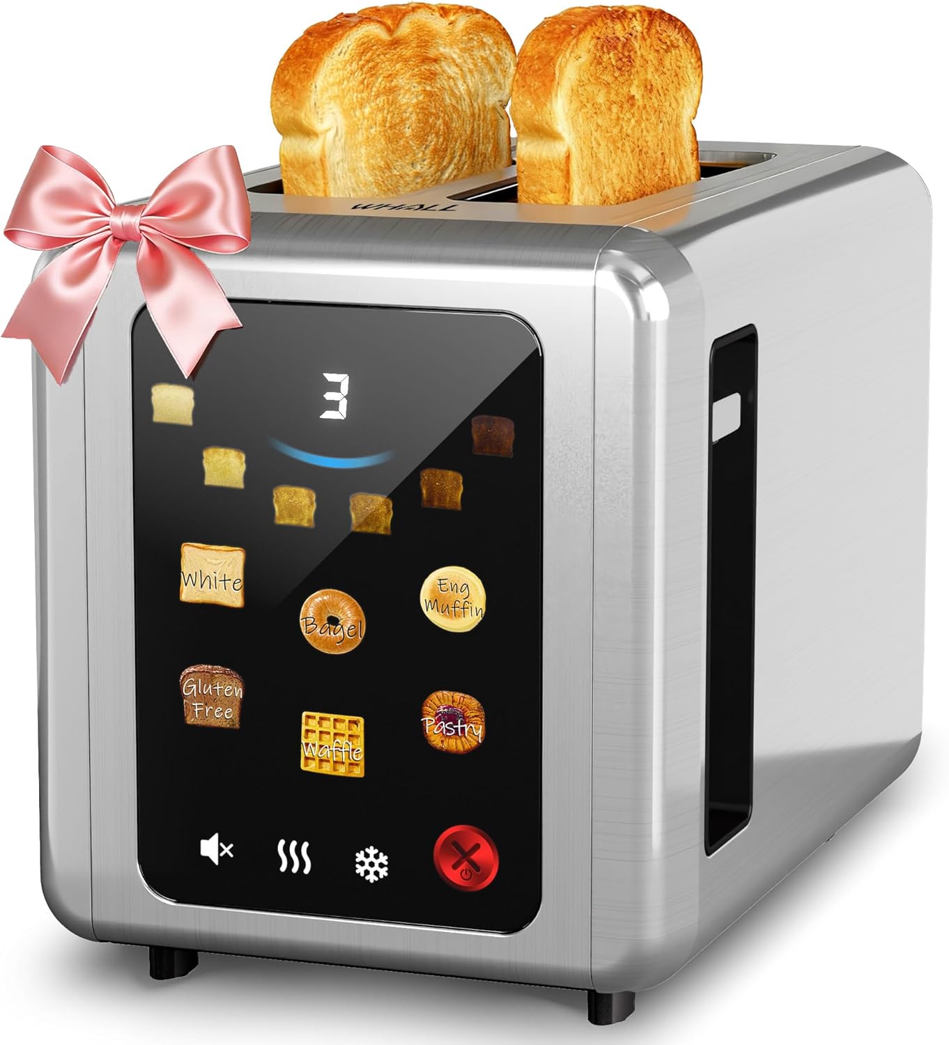 WHALL Stainless Steel Toaster - 2 Slice Full Touch Screen with Digital Timer & 6 Shade Settings | Silver