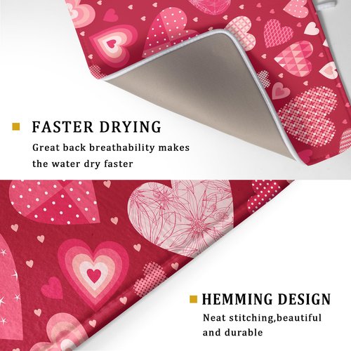 Valentine Day Love Heart Dish Drying Pad 18 x 24 Inch with Absorbent Reversible Microfiber Happy Valentines Pink Red Hearts Drying Mats For Kitchen Counter Dining Room Decoration