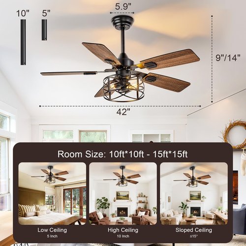 DINGLILIGHTING Bedroom Ceiling Fan with Light: 42 Inch Ceiling Fans Dual-Sided 5 Blade 6 Speed Reversible - Modern Farmhouse Fan with Remote and App for Bedroom Living Room Outdoor Porch, Black Walnut