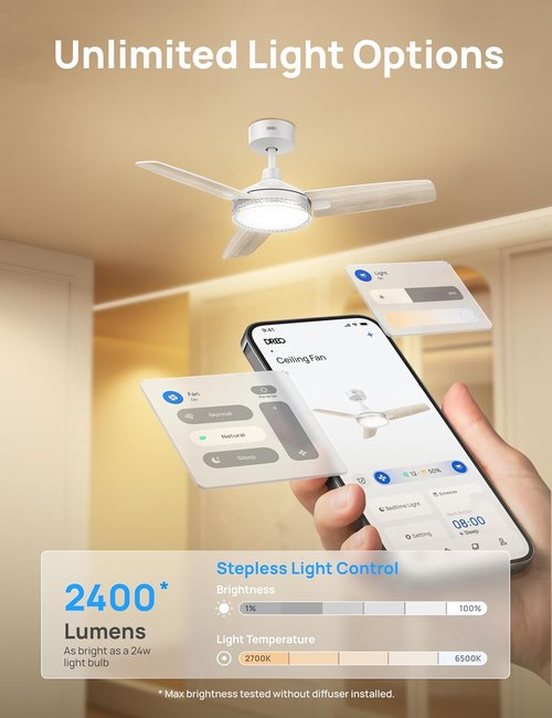 DREO Smart Ceiling Fan - 42 Inch White Design with Dimmable LED Light & 12 Speeds | Quiet DC Motor & Remote Control